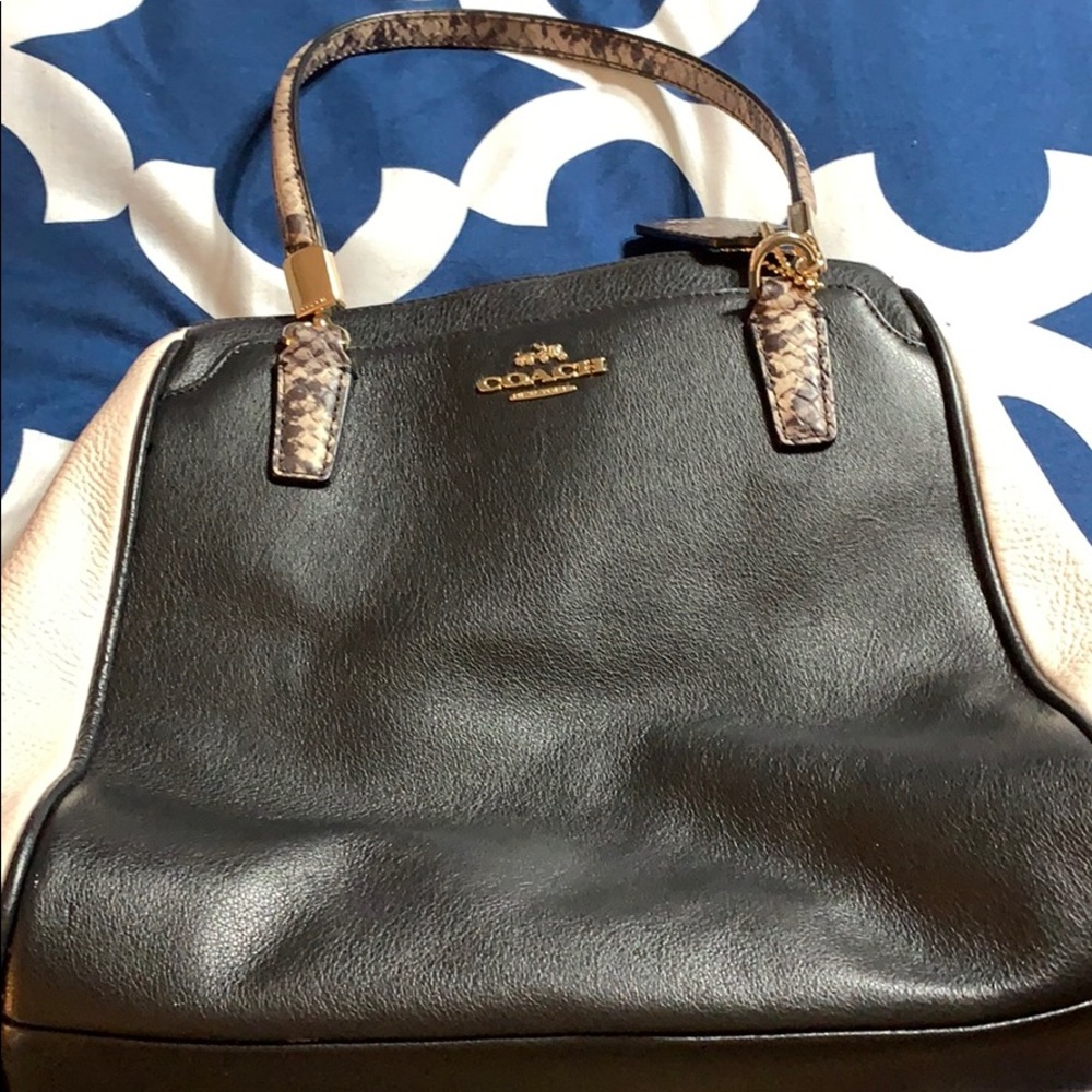 Black, white, & snakeskin leather Coach handbag.